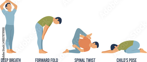 Man demonstrating a yoga sequence with four poses for stretching.