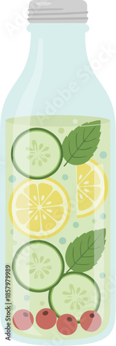 Bottle of refreshing detox water with cucumber lemon mint and cherry.