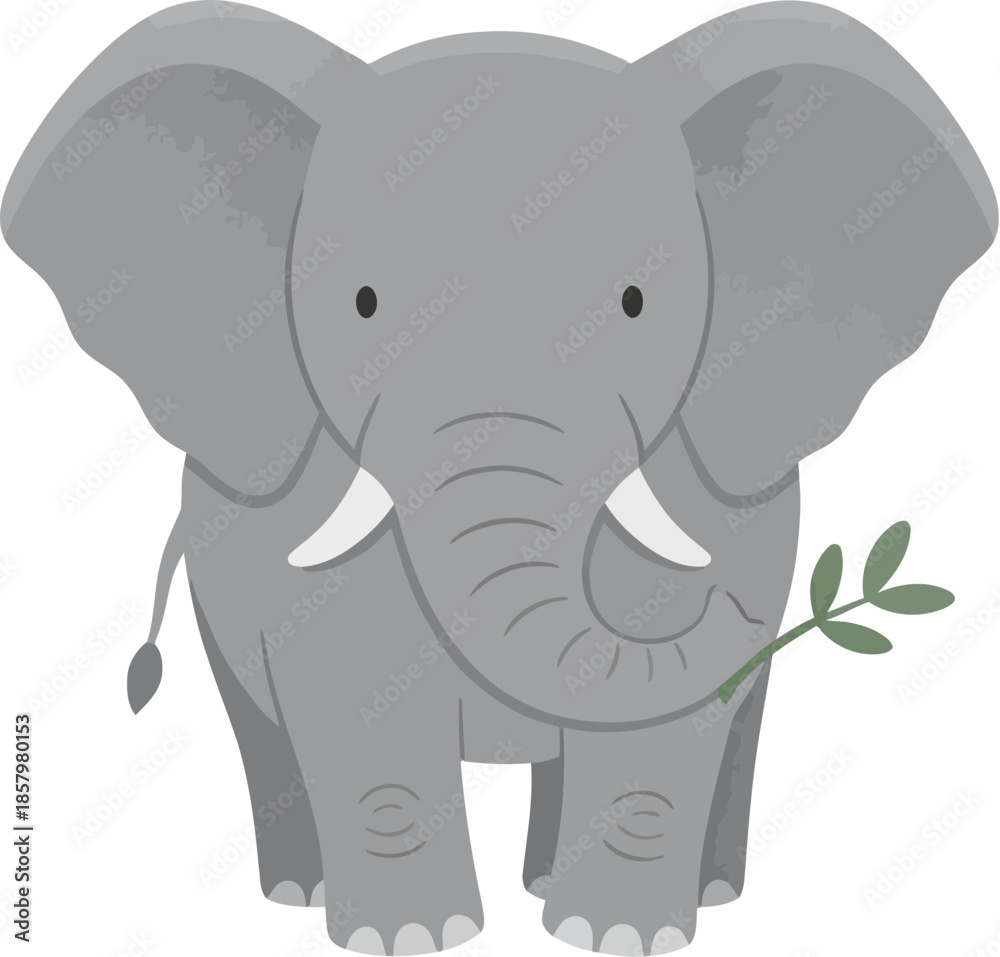 Fototapeta premium Cute gray cartoon elephant holding a green leafy branch.