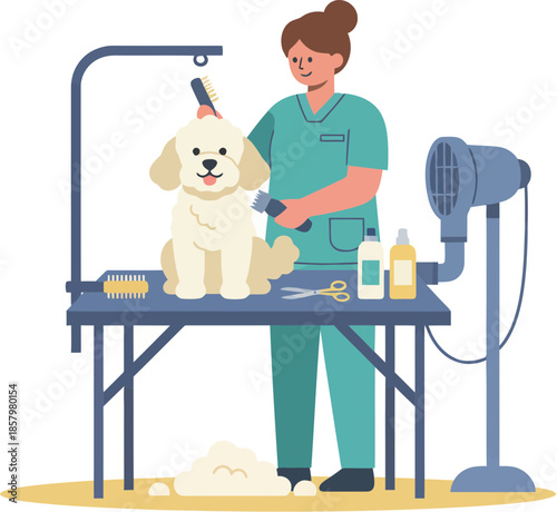 Professional female pet groomer trimming a cute fluffy white dog on a table.