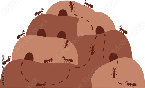Vector illustration of a bustling ant colony on a large brown anthill.