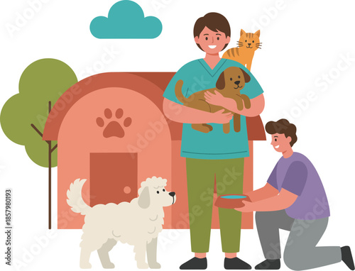 Two compassionate men caring for adorable shelter animals including a dog puppy and cat.