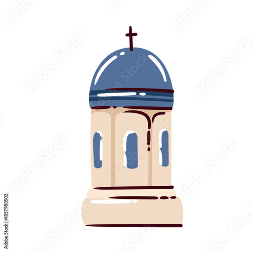 Greek church with blue dome and cross, traditional Mediterranean architecture, simple cartoon doodle style, travel Greece symbol, cultural landmark, religious building, vector illustration.