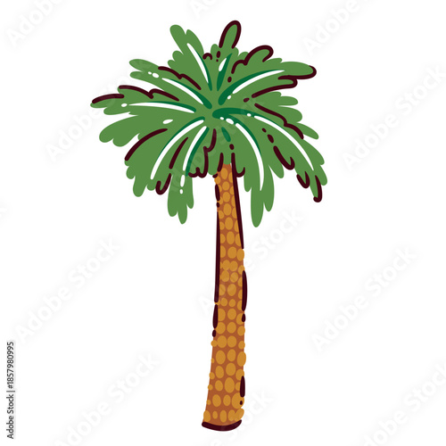 Palm tree with lush green leaves and textured trunk, desert oasis nature symbol from Morocco and North Africa. Travel doodle element in cartoon style, clean flat shapes, vector illustration.
