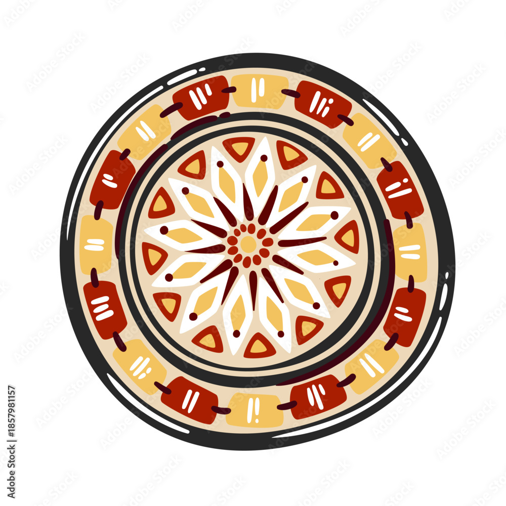 Fototapeta premium Moroccan decorative ceramic plate with radial geometric pattern, traditional zellige motifs and warm earthy colors. Cartoon doodle style, travel cultural element, vector illustration.