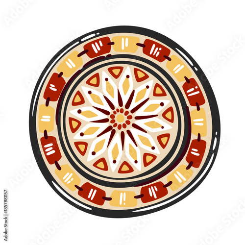 Moroccan decorative ceramic plate with radial geometric pattern, traditional zellige motifs and warm earthy colors. Cartoon doodle style, travel cultural element, vector illustration.