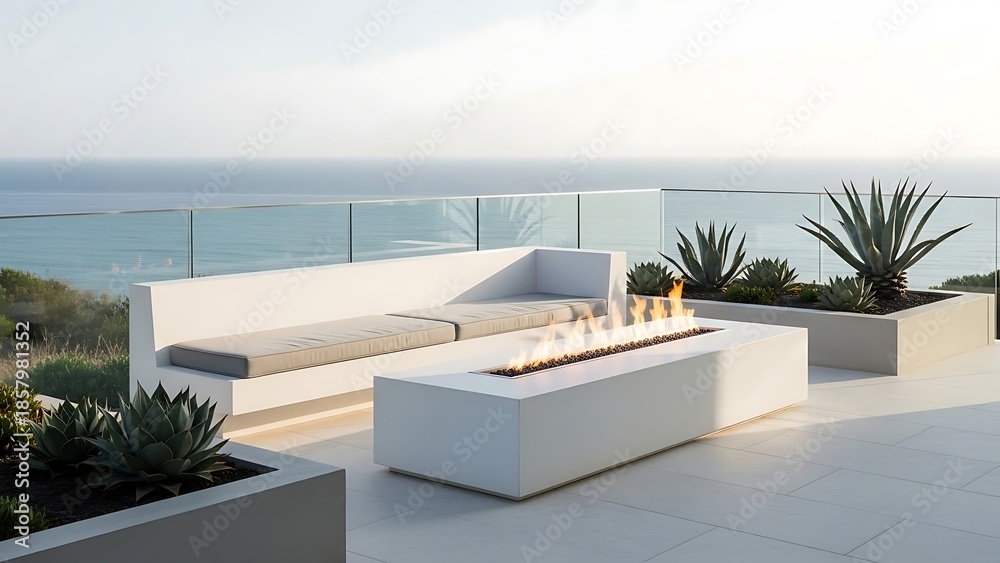 Fototapeta premium Modern White Outdoor Living Space with Fireplace and Ocean View.