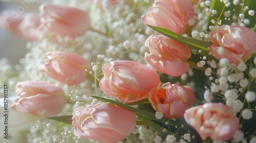 A close-up of pink tulips with white and green accents.