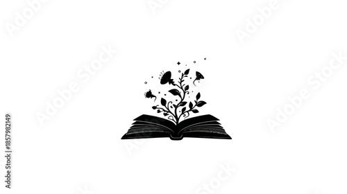 Open book with a blossoming plant growing, symbolizing knowledge, education, learning, imagination, growth, and creative storytelling.