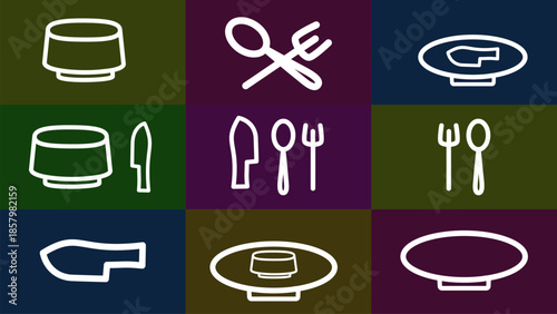 Colorful hand-drawn tableware set featuring plates, forks, knive. Variety of table setting icons with plates and cutlery