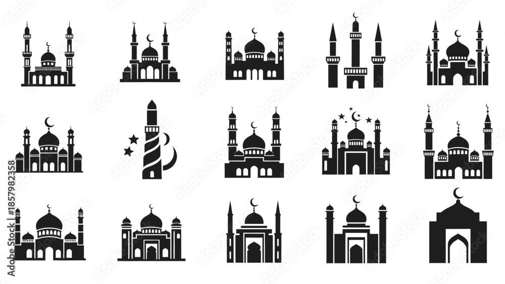Fototapeta premium Illustrations of various mosque silhouettes and minarets at dusk with crescent moons