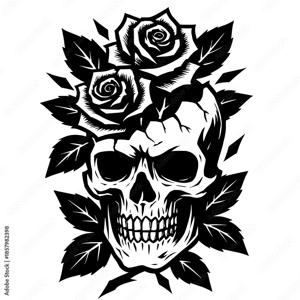 Obraz premium Luxurious vector of skull and rose. Symbolizes the balance between good and evil. Suitable for use on tattoos, logos, flags, t-shirts and stickers