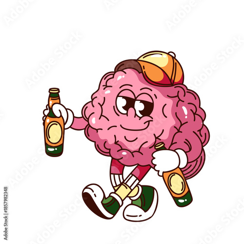 Funny brain holding two beer bottles, symbolizing alcohol consumption and relaxed mood. Groovy cartoon doodle mascot sticker of drinking and brain influence, outline vector illustration.