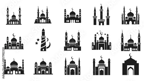 Illustrations of various mosque silhouettes and minarets at dusk with crescent moons