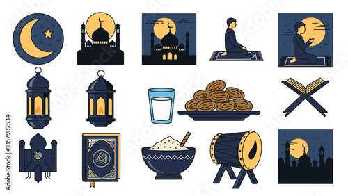Ramadan icons depict mosque, people praying, lanterns, dates, and Quran in illustrations.