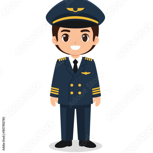 A friendly male pilot character in uniform, wearing a cap and formal attire. The vector style is simple and clean, ideal for aviation themes, travel graphics, and professional character sets.