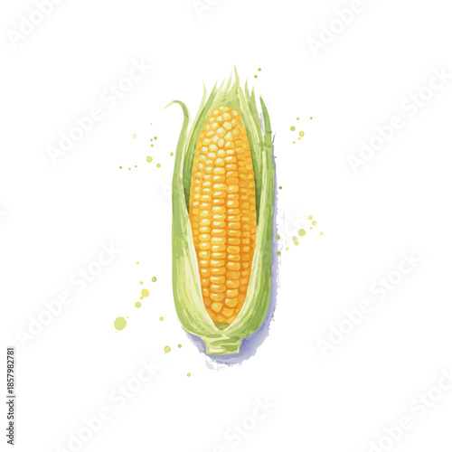 A clean vector illustration of a fresh yellow corn cob with green husk leaves, designed in a simple flat style. Bright colors and smooth lines make it perfect for food icons and agricultural themes.