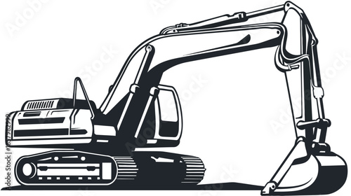 Heavy Duty Excavator Digger Construction Machine Vector Illustration. Industrial Earthmoving Equipment Artwork in Black and White.