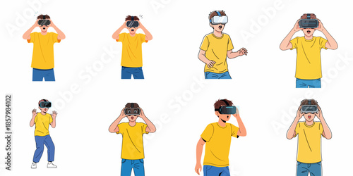 Young Man VR Experience Set: Shocked and Amazed Expressions While Using Virtual Reality Headset for Gaming and Metaverse Interaction.