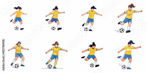 Collection of eight illustrations depicting diverse female soccer players in yellow and blue uniforms actively dribbling, passing, and kicking the football in various action poses.
