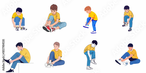 Collection of eight illustrations depicting boys learning and tying their shoelaces in different poses, showcasing independence and daily routine.