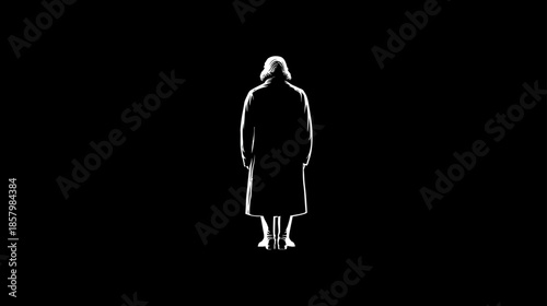 Mysterious backlit silhouette of a person in a long coat and hat standing alone against a stark black background, anonymity, solitude.