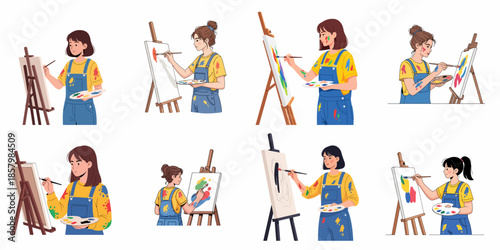 Set of illustrations featuring young female artists actively painting on canvases with brushes and colorful paint palettes, isolated on white.