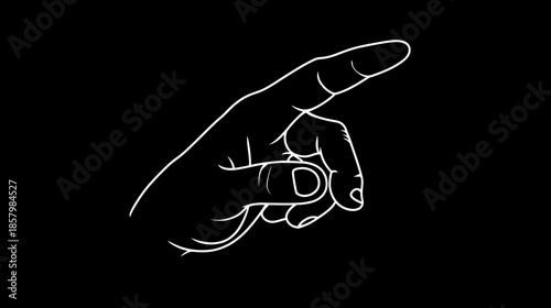 White outline hand pointing gesture on black background, minimalist line art drawing of human finger directing or selecting.