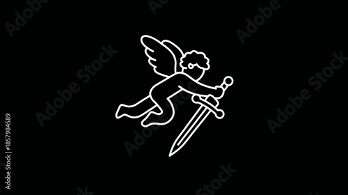White line art illustration of a flying cherub holding a sword on black background. Symbolic cupid angel outline graphic for love, protection, mythology.