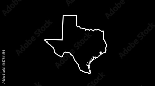 Detailed white outline of the Texas state map against a stark black background, representing geography and cartography.
