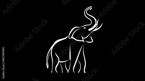 Minimalist white line art elephant illustration on a black background. Elegant outline drawing of a majestic wild animal with raised trunk.