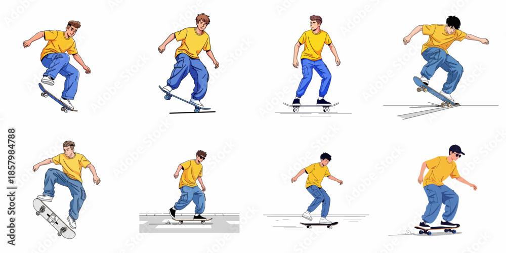 Fototapeta premium Vector illustration set showcasing young male skateboarders performing dynamic tricks and movements, capturing action, sport, and urban style.