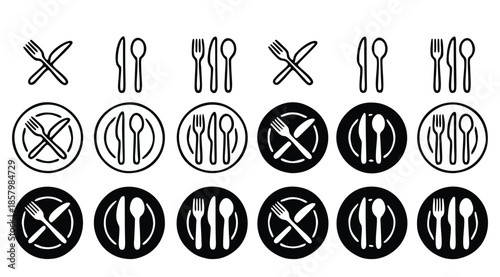 Collection of dining and cutlery icons in various styles and arrangements, including crossed-out versions and on plates.