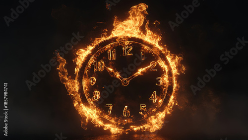 fire burning clock time on dark cloudy sky background, hot