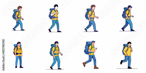 Eight vector illustrations of male backpackers and hikers walking, standing, and running with large camping gear, representing adventure travel and outdoor lifestyle movement set.