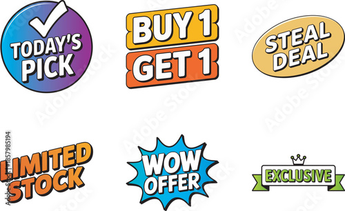 A collection of six colorful e-commerce stickers promoting special deals and limited stock offers