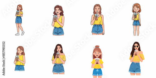 Collection of cartoon illustrations showing diverse young women in summer outfits happily enjoying refreshing iced coffee or cold beverages.