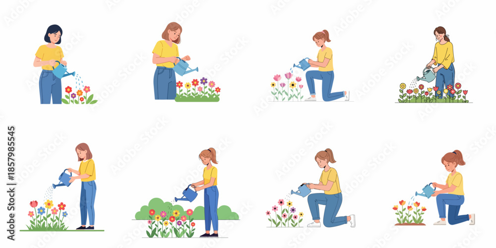 Fototapeta premium Collection of vector illustrations showing women happily watering colorful flowers and plants in a garden setting, representing spring hobby and horticulture.