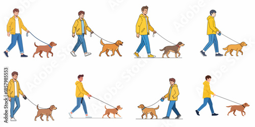 Vector illustration set of men walking various breeds of dogs on leashes, daily routine of pet ownership and animal care.