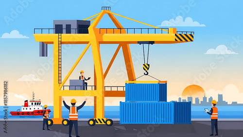 Busy port terminal operations with a giant gantry crane loading shipping containers onto a cargo ship at sunset, illustrating global logistics and freight transportation