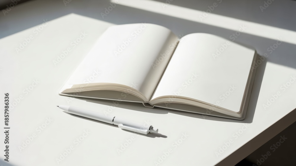 Fototapeta premium Open Notebook with Pen on White Table Under Natural Light for Creative Writing or Note-taking