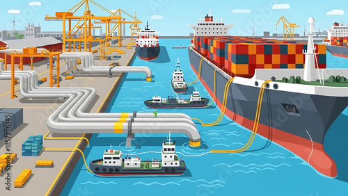 Vibrant Illustration of a Modern Industrial Port with Diverse Cargo Shipping Operations and Extensive Pipeline Infrastructure for Global Trade and Logistics