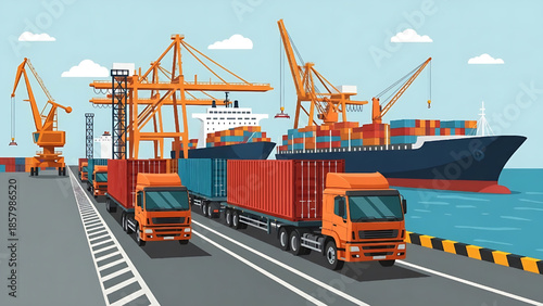Logistics and shipping by sea and land with container ships and trucks at the port