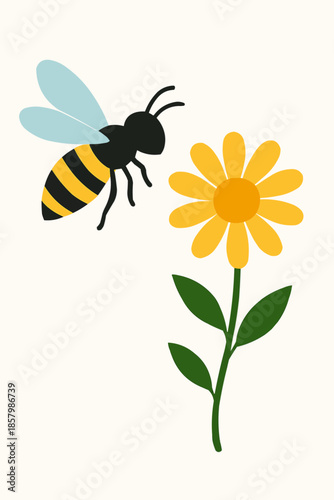 Bee Pollinating Flower Flat Vector Insect