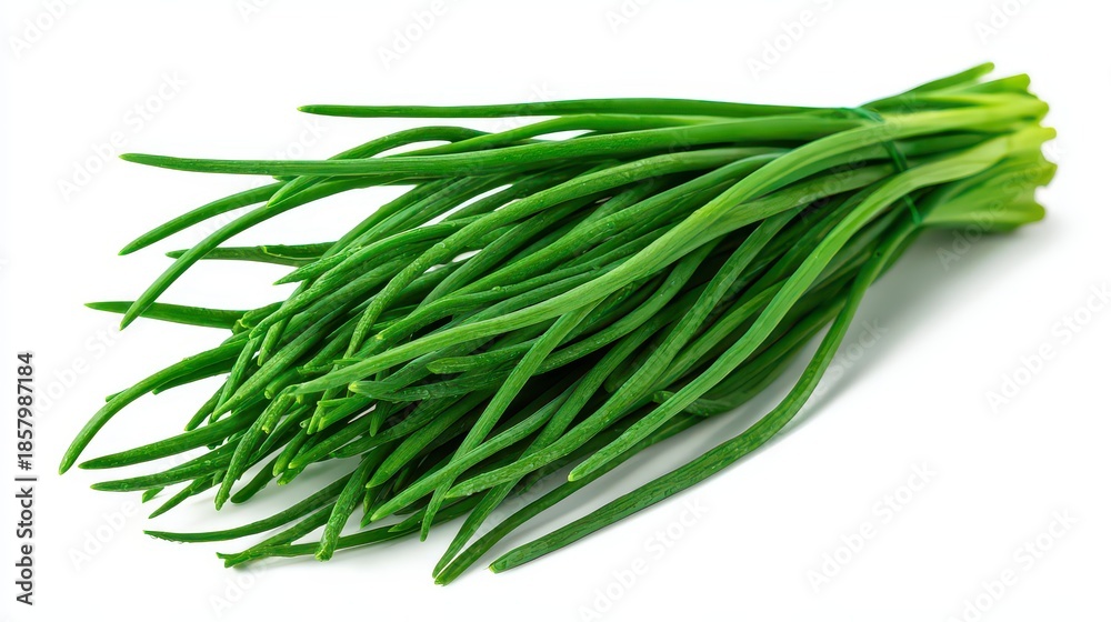 Fototapeta premium Fresh Green Garlic Chives Bunch Isolated on White Background with Detailed Texture