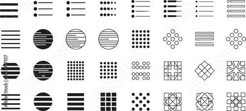  Collection of black and white minimalist user interface icons featuring hamburger menus, bulleted lists, and geometric grid patterns for web design,