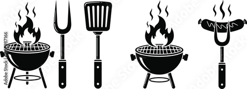  Collection of black barbecue grill silhouettes featuring flaming charcoal grills, spatulas, forks, and sausages for summer cookout designs,
