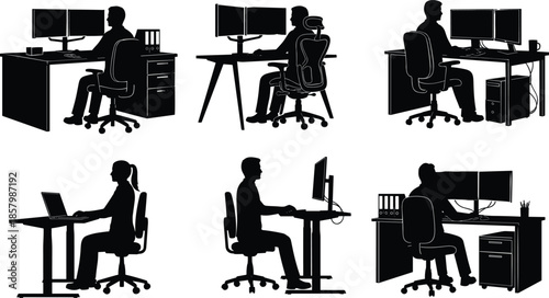  Collection of black silhouettes featuring men and women working at computer desks with dual monitors and ergonomic office chairs,