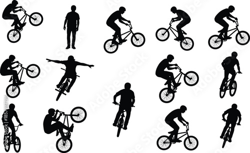  Collection of black silhouettes of BMX riders performing stunts, jumps, and tricks on bicycles isolated on a white background,