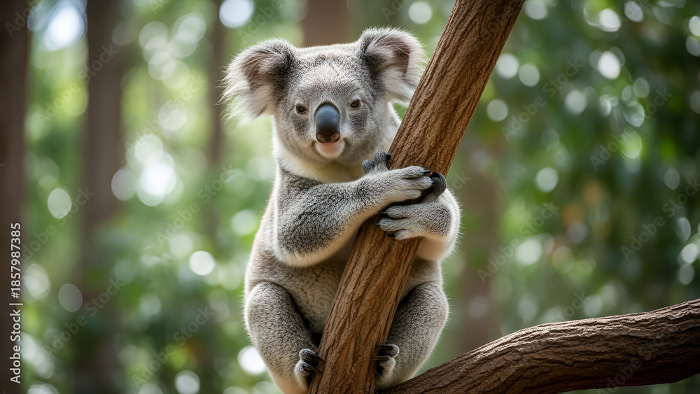 Fototapeta premium A koala hugging a tree trunk in an Australian eucalyptus forest, a natural, cute, and iconic wildlife portrait.